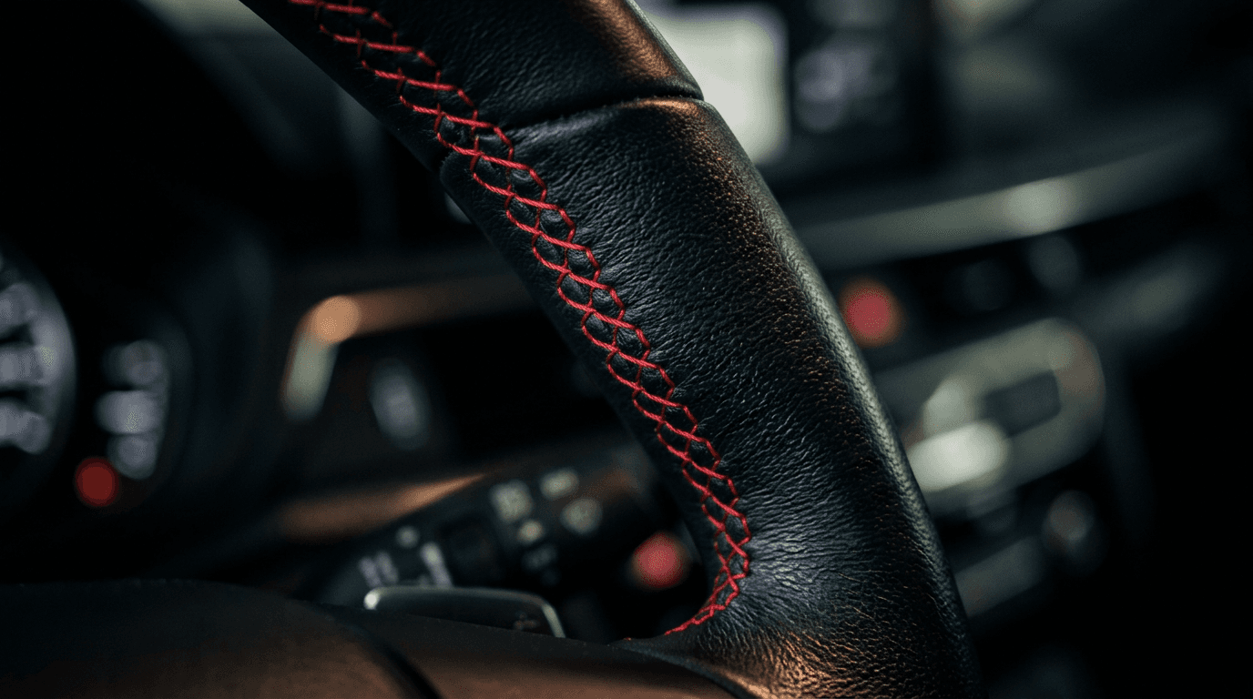 Macro plano de costuras rojas artesanales en un volante de cuero negro